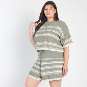 Women's Plus Size Olive Striped Crop Top High Waist Short Set